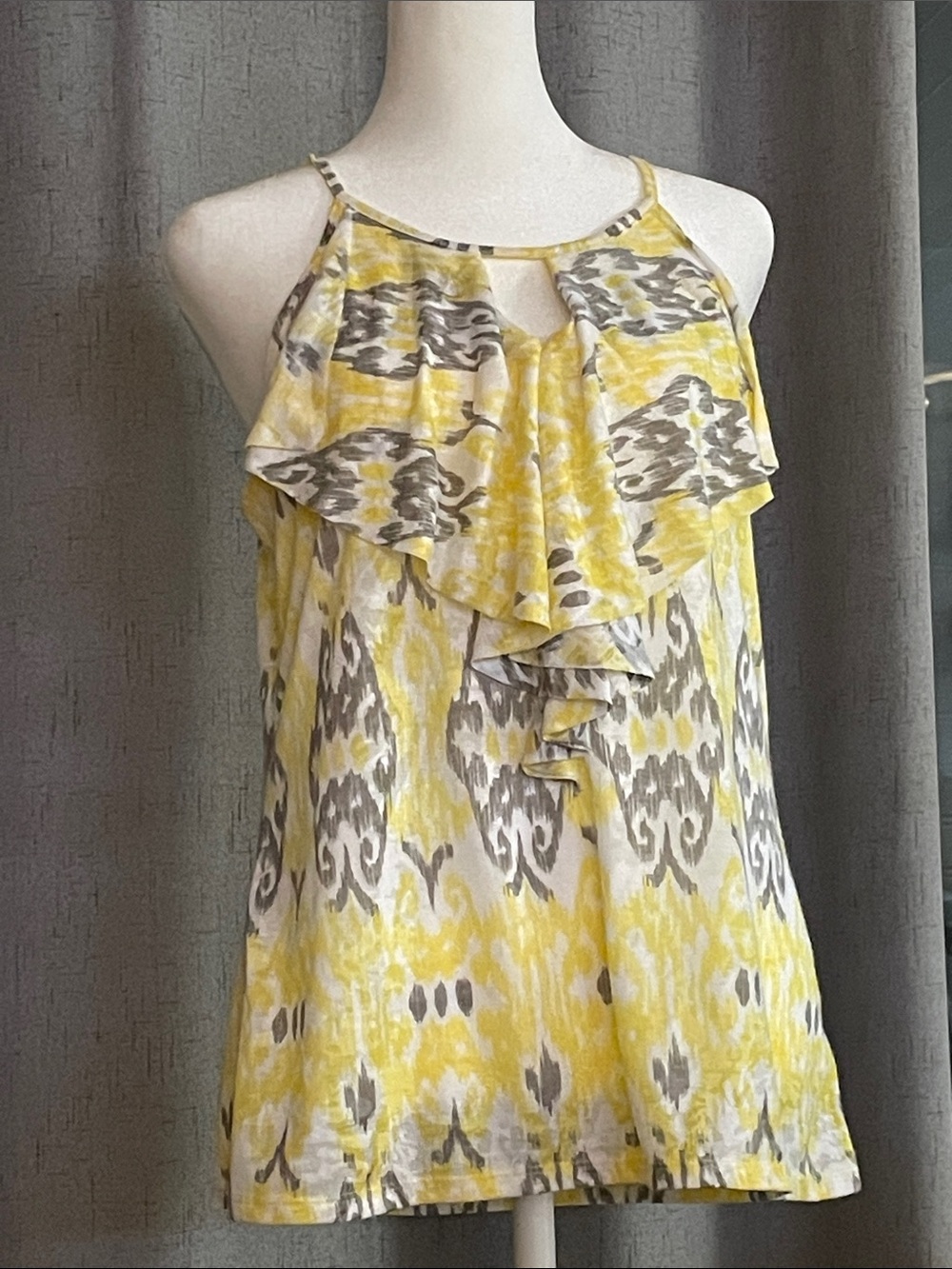 INC International Concepts Yellow & Gray Ikat Ruffle Halter Top
